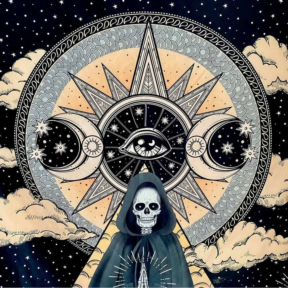 Wizard Skull Celestial Gothic Tapestry 6’X8’ Hooded Reaper 3rd Eye Witchcore